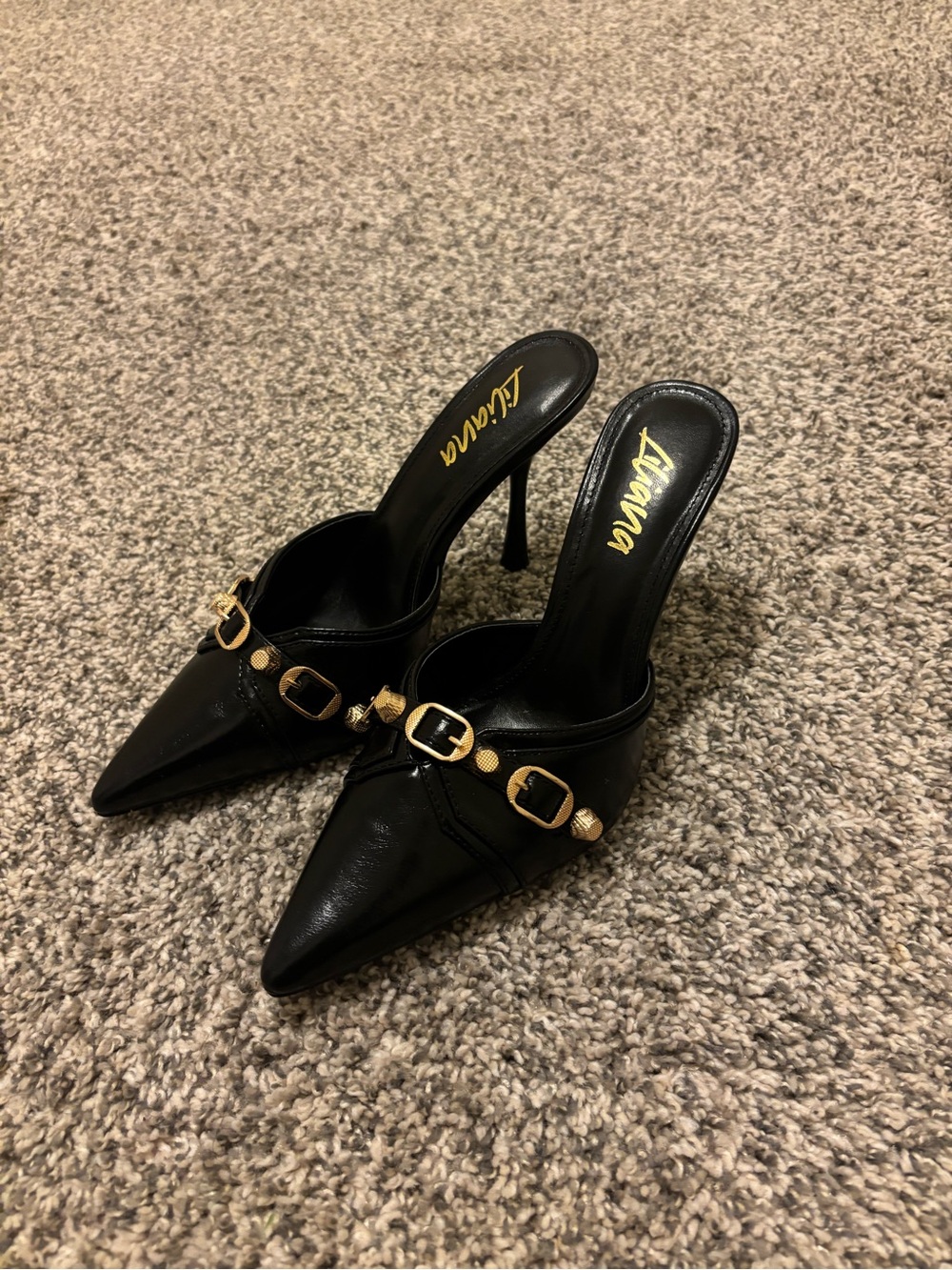 Black Pointed Toe Mule Heels with Gold Buckle Detail